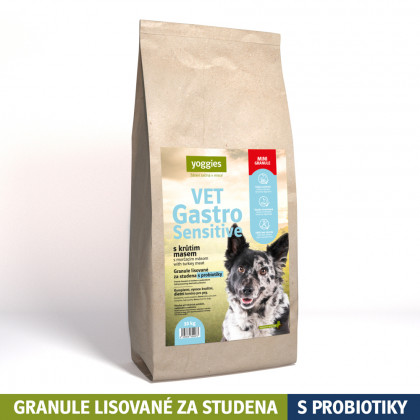 10kg Yoggies VET Gastro Sensitive s krůtím masem, minigranule lisované za studena s probiotiky