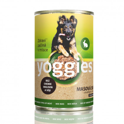 1200g Yoggies konzerva pro psy s masovou směsí (kuře, vepřové, hovězí) králíkem a hráškem