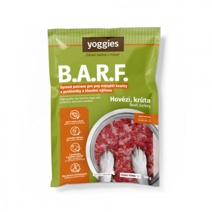 500 g Yoggies B.A.R.F. 100% Masové menu Hovězí a krůta s probiotiky a kloubní výživou