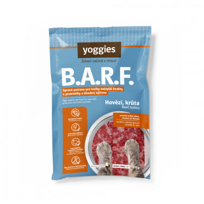 250 g Yoggies B.A.R.F. Hovězí a krůtí komplet s brusinkami a konopným olejem s probiotiky a kloubní výživou