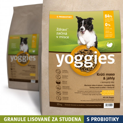 15 kg Monoproteinové granule Yoggies s krůtím masem a jáhly, lisované za studena s probiotiky