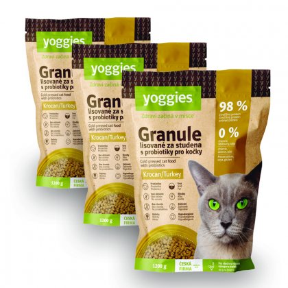 3,6kg Yoggies Granule pro kočky s krocaním masem, lisované za studena s probiotiky, výhodné balení