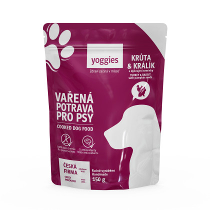 650g Yoggies Vařená potrava pro psy – krůtí a králičí maso s dýňovými semínky